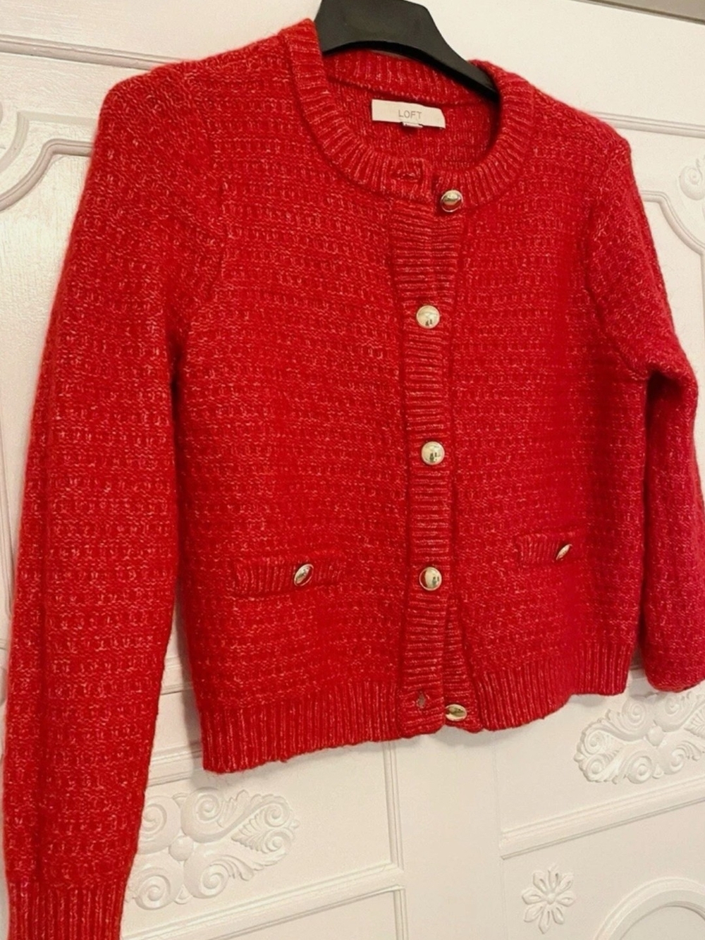 LOFT Red Knit Button-Up Cardigan Jacket